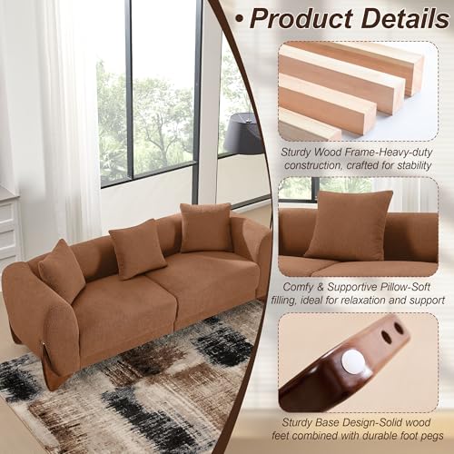Image of 87 inch Sherpa Boucle Cloud Couch with Ottoman, Deep Seat Modern 3 Seater Sofa with Solid Wood Legs 25 inch Extra Comfy Thick Cushion Upholstered Sofa Couches with 3 Pillows for Living Room, Caramel