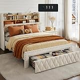 TATAGO 1000lbs Queen Size Bed Frame with Storage Headboard, Wood 3-Tier Tall Storage Headboard Wingback, Upholstered Velvet Modern Platform Bed with Drawers, Charging Station, No Box Spring Needed