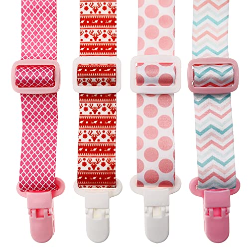 Image of Leo Tube Pacifier Clip with Length Adjustable Belt- 4 Pack Pacifier Holder for Boys and Girls Fits for Most Pacifier, Binkie Styles & Baby Teethers (Pink+Red)