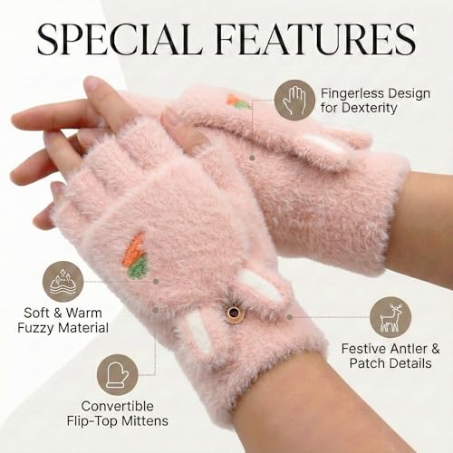 Image of Kraptick Cute Bunny Winter Gloves for Women & Girls - Fluffy Convertible Flip Top Mittens - Warm Fingerless Knitted Woolen Hand Warmer with Button Flap for Typing & Driving (Free Size, Pink)-5