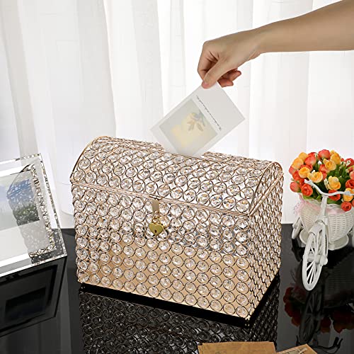 ELLDOO Crystal Wedding Card Box with Heart Lock, Money Card Box Treasure Chest Style Gold Gift for Wedding Receptions, Centerpiece Decor, Anniversary, Keepsake, Gift Display Box - Thumbnail 4