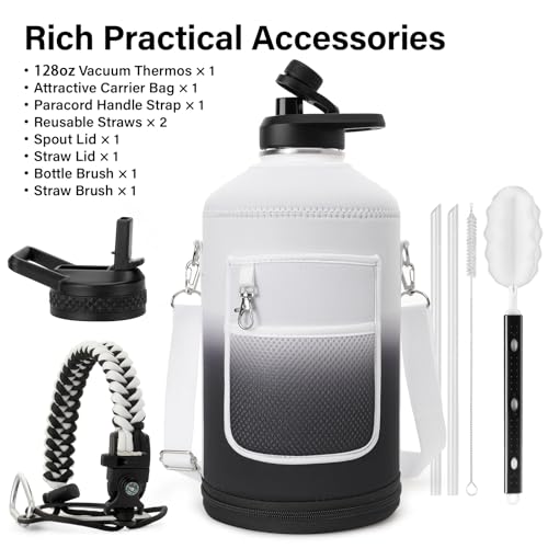 1 Gallon Insulated Water Bottle | Upgraded Thickened Stainless Steel Metal Portable Sports Large Water Jug for Gym and Hiking with Carrier Bag, Handle Strap | BPA-Free 128 oz