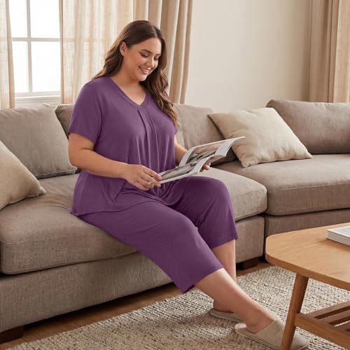 Image of Bestbee Women's Pajama Sets 2 Piece Lounge Outfits Summer Sleepwear V Neck Short Sleeve Capri Pant With Pockets Ladies Pjs