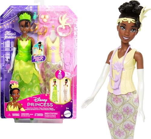Mattel Disney Princess Toys, Tiana Fashion Doll with 2 Looks, 9 Accessories, 2 Snap-On Bodices & 2 Skirts, 2-in-1 Stories Inspired by Disney Movie