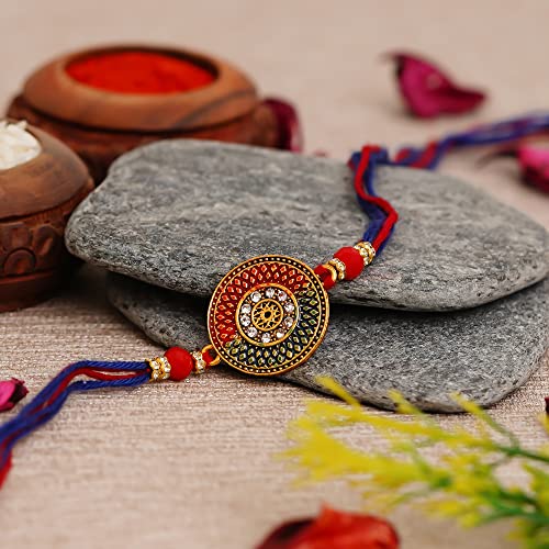 Image of eCraftIndia Red Blue Round Designer Rakhi for Brother Bhaiya Bhai | Roli Chawal Pack | Rakhi Combo