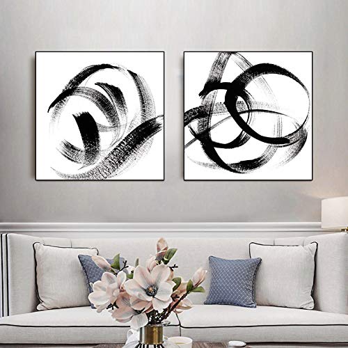 Arte de pared en blanco y negro cuadro abstracto minimalista nórdico de 50x50 cm sin marco pack de 2