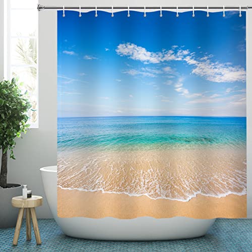 YISURE Duschvorhang 180x200 Strand, Ozean Meer Welle Seesterne Muscheln Duschvorhang badewanne Textil Schimmelresistent maschinenwaschbar, Breite 180 x Höhe 200cm