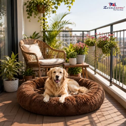 Image of ZEXSAZONE Round Donut Pet Bed for Cats and Puppies Dogs mat, Cozy and Plush, Raised Bedside Support, Both Sides Use Like 2 in 1, Washable, Sizes for Small, Medium Pets. Coffee, Size- 70x70x15 cm
