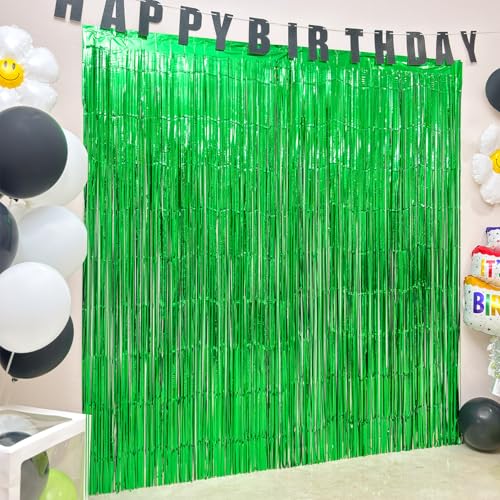 Image of 4 Pack Green Foil Fringe Curtains, 13.2x6.6ft Jungle Theme Streamers Backdrop for Birthday, St Patrick's Day, Christmas, Dinosaur, Animal, Football Themed Party| Green Streamers Party Decorations