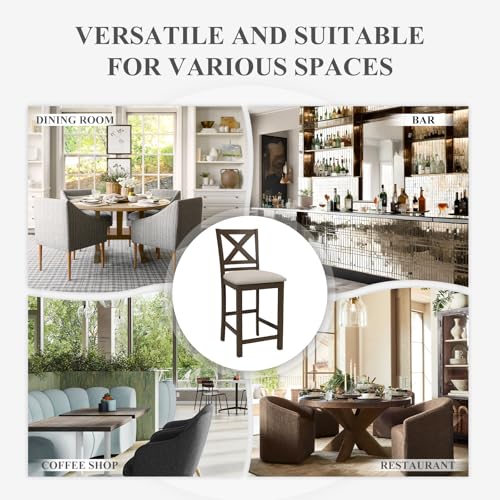 Image of COLAMY Upholstered Counter Height Bar Stools Set of 2, Modern Kitchen Island Barstools Chairs with Cross Back and Wood Legs for Dining Room Bar, Brown Black