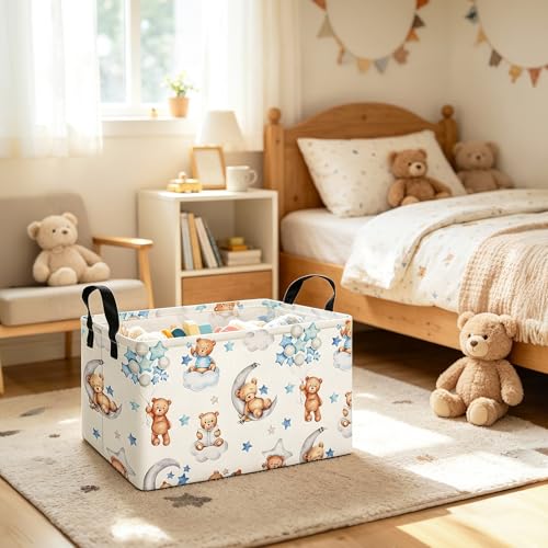 Image of Rectangular Bear Storage Bin, Fabric Closet Organizer Basket | Einforced side grips, foldable holder arranges clothing and bedroom personal belongings