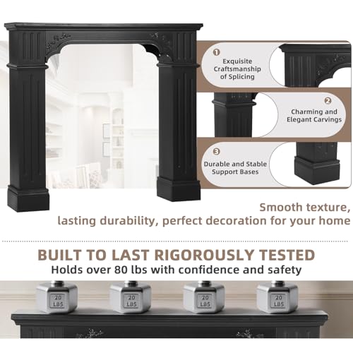 Image of Modern Black Freestanding Fireplace Mantel Surround - Waterproof, Anti-Tipping Premium MDF Mantel with Leg for Living Room Decor