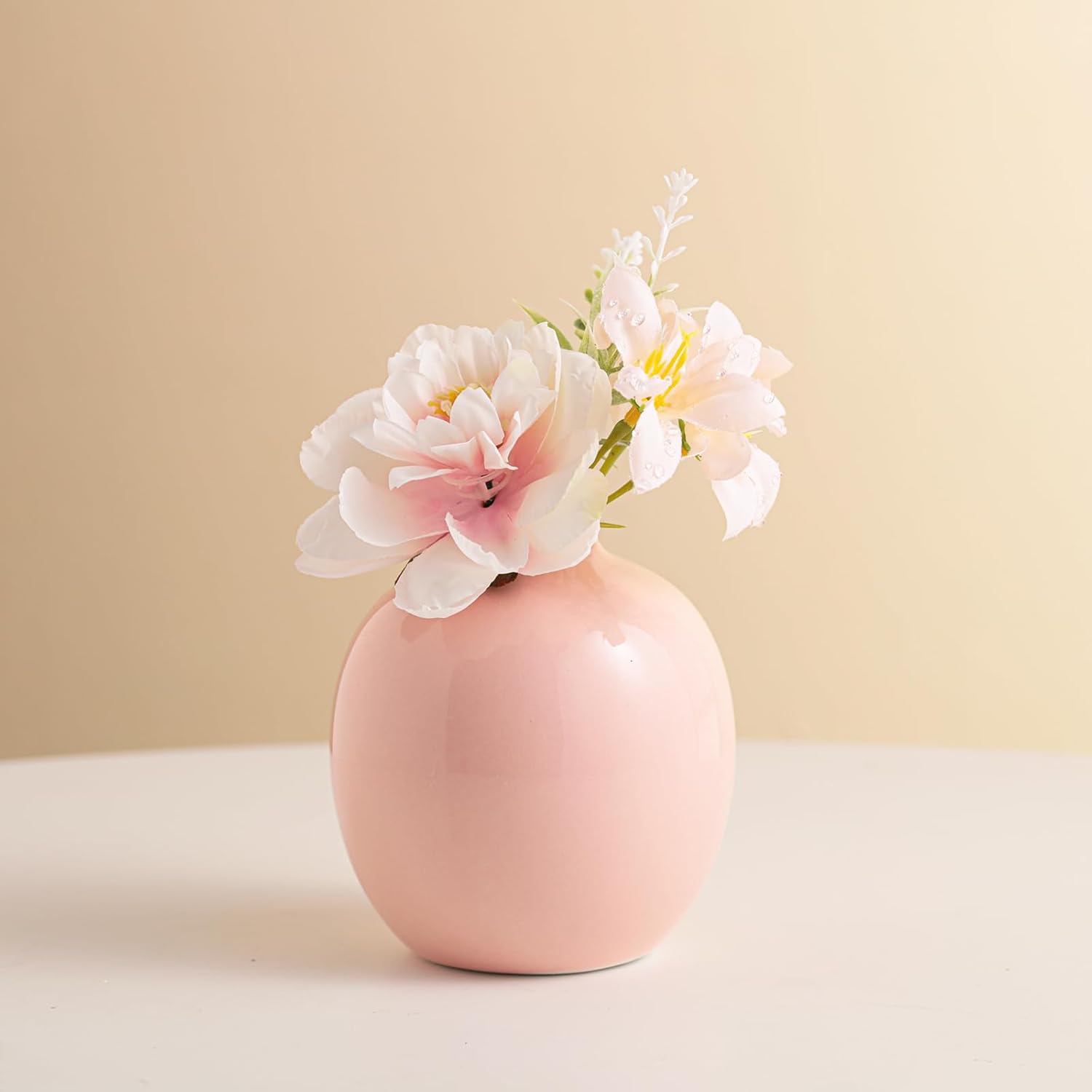 Set of 3 Ceramic Vase with Artificial Flowers,Small Pink Cream,Green for Flowers Cute Vase,Mini Ceramic Beige Table Decorations；Vases for Your Kitchen, Bedroom, Office, Living Room