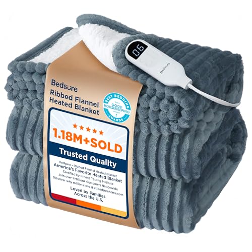Bedsure GentleSoft Heated Blanket Throw - Soft Ribbed Flannel Electric Blanket, Gifts for Grandma (50x60 inches, Grey)