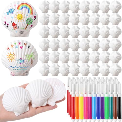 Wesiti 25 Set Seashell Painting Kit Includes 2 to 3 Inches White Seashells and Colored Markers DIY Seashells Bulk for Crafts Ocean Theme Summer Beach Wedding Decor
