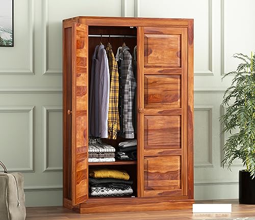 Image of Sheesham Wood Wooden 2 Door Wardrobe Organizer for Clothes | - Solid Wood Almirah with 2 Shelves - with Hanging Space Cupboard for Large Bedroom (Design 24)