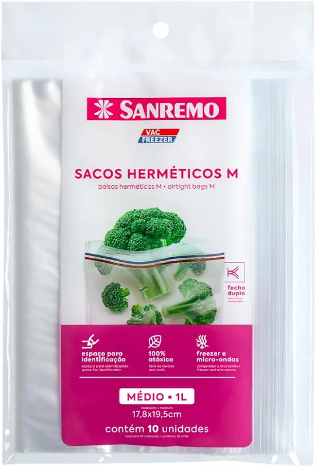 Sanremo - Saco Plástico Hermético Cristal com Fecho Duplo de 1000ml, Linha Vac Freezer