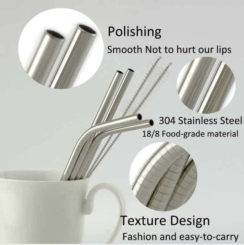 Image of SHITHI Stainless Steel Reusable Metal Straws (Pack of 8 - 4 Straight, 4 Bent) with 2 Cleaning Brushes, Value Pack Drinking Straws for Juice, Smoothie & Milkshake, Silver