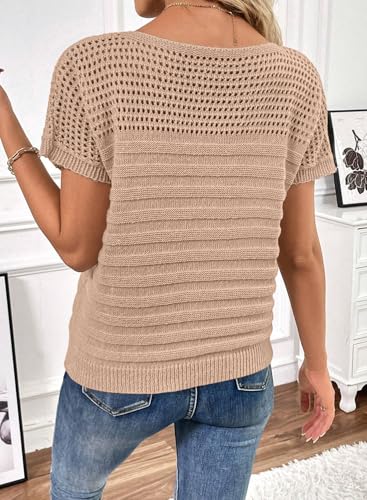 Image of SHEWIN Womens Sweaters Crew Neck Short Sleeve Shirts Summer Tops Knit Hollow Out T Shirts Sweater Blouses
