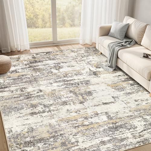 Area Rugs for Living Room: 7x9 Abstract Washable Rug Modern Neutral Large Soft Stain Resistant Non-Slip Backing Machine Table for Bedroom Dining Room Indoor Home Office Carpet - Gold Brown