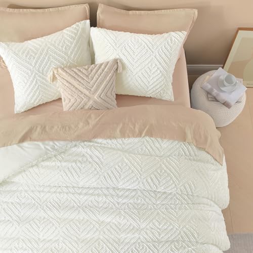 Image of Litanika Ivory Queen Comforter Set, 3 Pieces Tufted Boho Farmhouse Bedding Comforter Sets, Lightweight Fluffy Comforter Bed Set for All Season (90x90In Comforter and 2 Pillowcases)