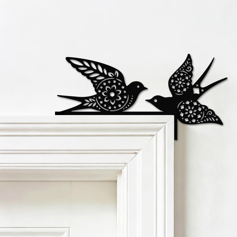 SUPERDANT Mandala Birds Corner Sign Bird Door Frame Wall Decor Door Topper Ornament No-Drill Metal Hanging Above Wall Art Matte Black for Bedroom Living Room Home Decoration 30x15cm