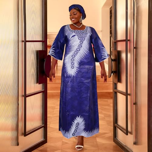 Image of HD African Bazin Riche Maxi Dress for Woman Traditional Embroidery Dashiki Dresses with Head Wraps