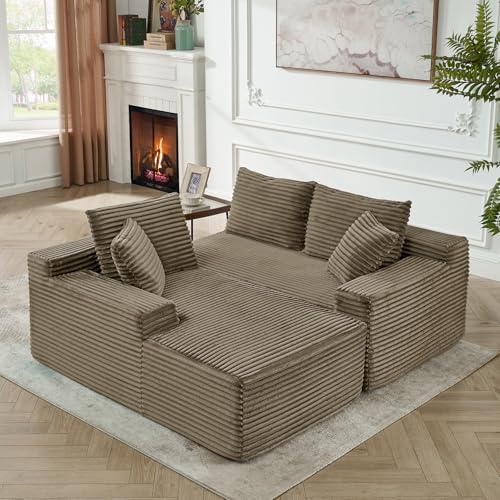 Image of 95 inch Boneless Couches for Living Room, L Shaped Comfy Cloud Modular Sectional Memory Foam Deep Seat Boneless Couch, No Assembly Required Boneless Sofa for Living Room with Left Facing Chaise, Brown