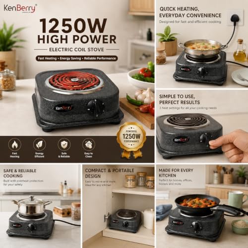 Image of KenBerry 1250W Heavy Duty Electric Coil Stove | Adjustable Temperature Control | High Performance Heating Coil | Durable Metal Body | Ideal for Hostels, PGs, Home Kitchens & Everyday Cooking.