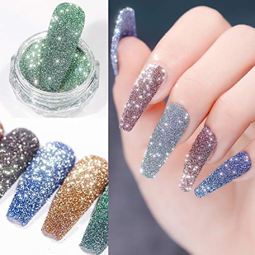 Nagelpulver Set, KARLOR Nagelpuder glitzer, 6 Boxen Diamantpulver Golden Light Mix Größe Nail Art Glitter Puder… – Bild 5