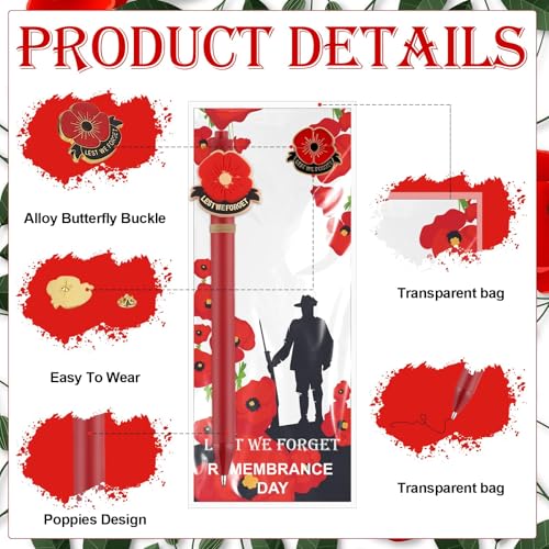 Image of 24 Sets Remember Memorial Day Gifts-24 Red Black Poppy Brooch Pins Lest We Forget Enamel Lapel Pin Veterans Day Memorial Day Lapel Pin Souvenir Brooch Badge, 24 Poppy Ballpoint Pens and Cards