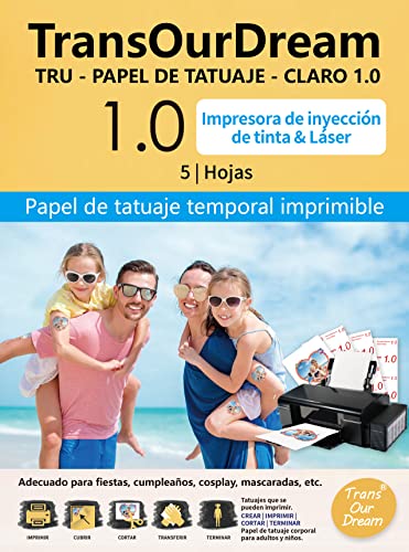 TransOurDream-Marca de confianza,Perfecto para fiesta,Papel de transferencia de tatuaje temporal¡Imprimible personalizado,defínelo como quieras! Compatible Inkjet/Láser A4X5 hoj.11-1.0-5 Cover