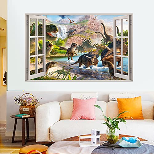 3D Watercolour Dinosaur World Fake Windows Wall Sticker,Peel And Stick Removable Decals For Kids Nursery Bedroom Playroom Living Room Decoration（27.55"X17.32"） #TOP1