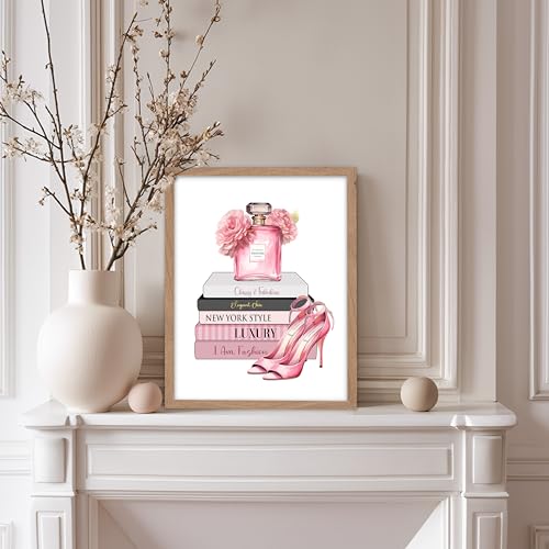 Image of Poster Master Fashion Print - Pink Designer Poster - Shoes & Perfume Art - Chic Gift for Her & Fashionista - Luxury Haute Couture Decor for Bedroom or Girl's Room - 11x14 Beige Framed