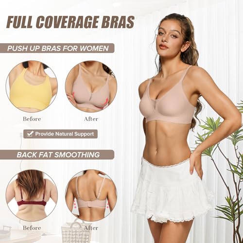OEAK Comfort Bras for Women Wireless Non Wired Push Up Bralettes Soft V Neck lace Bra Scalloped Full Coverage Seamless Bra,Beige,M - Image 5