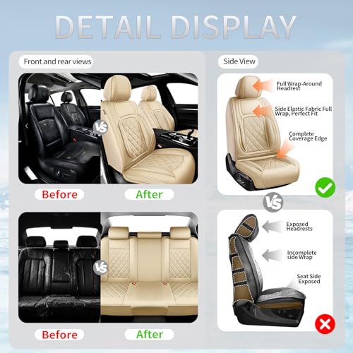 Image of Fit Equinox Car Seat Covers Compatible with Chevy Equinox 2011-2026, Premium Leather Breathable, Wear Resistant, Airbag Compatible, All-Weather Protection & Full Coverage, 2 Front Seat Beige