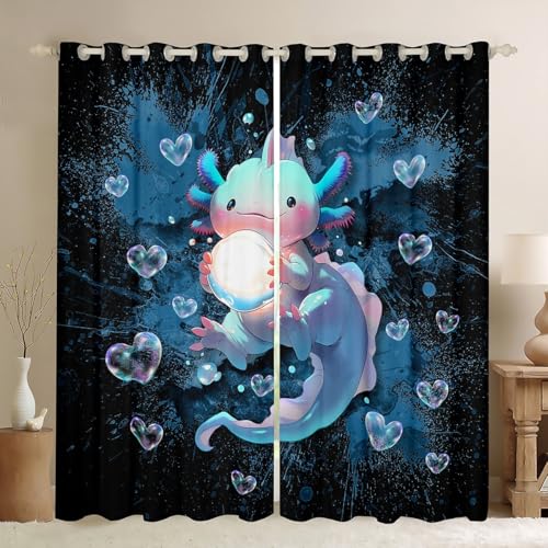 Loussiesd Lindas cortinas de ajolote para dormitorio, sala de estar, 52 pulgadas de ancho x 90 pulgadas de largo, salamandra, oscurecimiento de sueños para niños, adolescentes, decoración kawaii