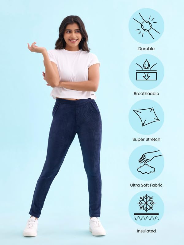 Image of GO COLORS Solid Corduroy Treggings for Women | Warmtech, Mid Rise, Side Pocket
