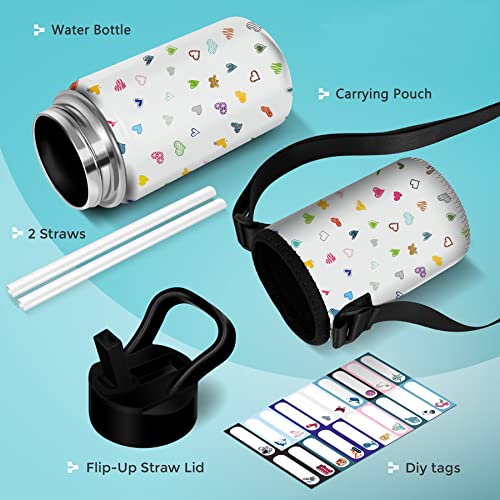 Kids Water Bottle For School, 14Oz Boys Girls Insulated Water Bottle With Strap Sleeve, Colorful Heart Stainless Steel Tumbler Cups With Straw Lid, Toddler Water Bottle With 20 Name Stickers #TOP3