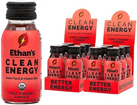 Ethan's Organic Energy Shot, Tart Cherry Ginger Flavor, Vegan, Gluten Free, Green Tea Extract, Guayusa, Caffeine Boost, B6 & B12 Vitamin C Focus Supplement, Plant Based Diet (12 Pack of 2oz Shots)