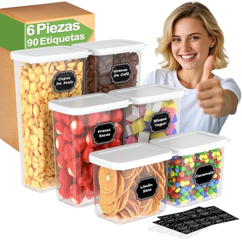 Homhut Botes Cocina Almacenaje 6 Piezas, Recipientes Herméticos para Alimentos, Tarros Cocina Almacenaje de Plástico con Tapa para Cereales Harina Café