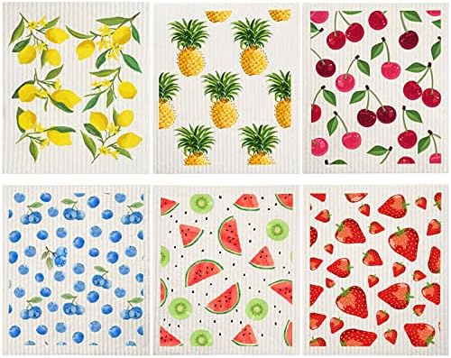 Mixed Fruit Swedish Kitchen Dishcloths Reusable Dish Towels Absorbent and Fast Dry Cleaning Cloths for Kitchen Blueberry Cherry Strawberry Lemon Pineapple Watermelon Cleaning Wipes (6 Pieces)