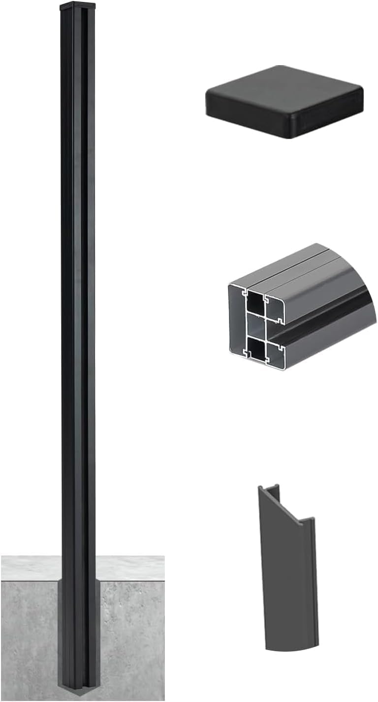 Mondaria 6 Ft Metal Above-Ground Posts for Wood-Plastic Composite Fence Installation with Meat Base, Top and Button Covers, Screws(Black, Set of 2)