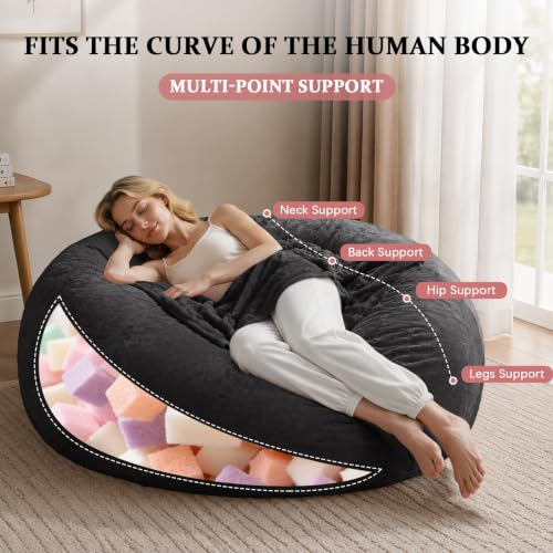 Image of 5FT,Big Bean Bag Chairs for Adults,Bag with Filler Included,Comfortable and Soft Plush ,Memory Foam Bean Bag,Oversized Bean Bag,Read Chair Suitable for Living Room and Bedroom (Black, 5 Foot)