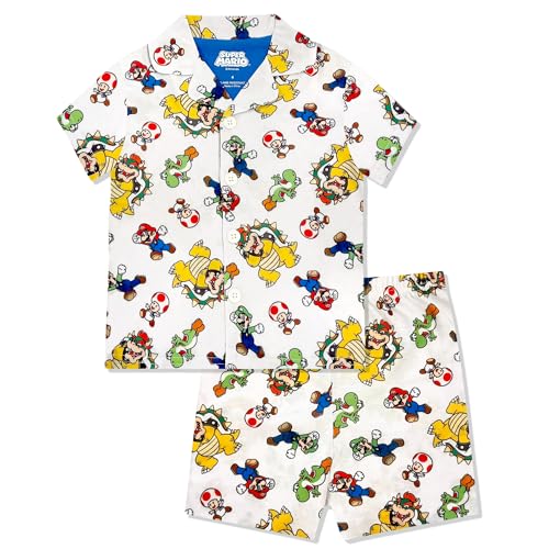 Super Mario Boys Pajama Set - 2 Piece Boys Flannel Coat Style Short Matching PJs Kids Button Down Pajamas - Official Grey