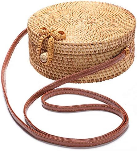 XMLMRYHandwoven Round Rattan Bag Shoulder Leather Straps Natural Chic Hand