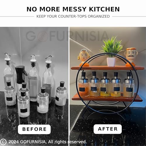 Image of GOFURNISIA Premium Wooden Kitchen Countertop Organizer, Shelf Rack For Kitchen Storage, 2 Tier for Spices, Oil, Tabletop Rack For Bar, Makeup, Office, Handcrafted Teakwood and Iron, Easy Assembly