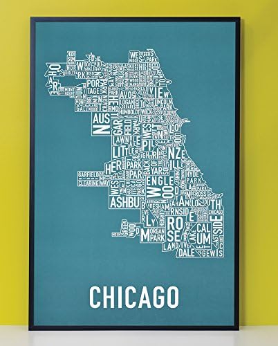 Framed Chicago Neighborhoods Map Art Poster, Teal & White, 24" x 36" in Black Frame
