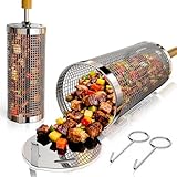 Rollendes Grillkorb Set Edelstahl 304Nestbar Grillzubehör mit Abnehmbarer Holzgriff, Perfektes Männer Geschenk für Vater Mutter Freund, Outdoor Küche Zubehör Grill Gemüse Meeresfrüchte Garten Camping