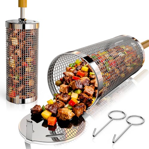 Rollendes Grillkorb Set Edelstahl 304Nestbar Grillzubehör mit Abnehmbarer Holzgriff, Perfektes Männer Geschenk für Vater Mutter Freund, Outdoor Küche Zubehör Grill Gemüse Meeresfrüchte Garten Camping